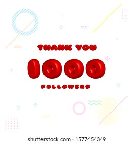 1000 followers thank you 3d red balloons and colorful decoration. illustration for Social Network friends, followers, Web user Thank you celebrate of subscribers or followers and likes.