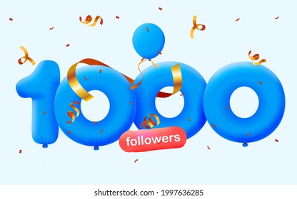 1000 seguidores te agradecen los globos azules 3d y los confetti coloridos. Ilustración vectorial 3d números para los medios sociales 1K seguidores, Gracias seguidores, blogger celebra suscriptores, me gusta