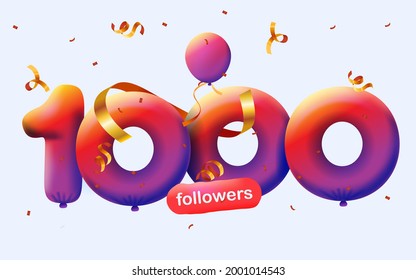 1000 followers thank you 3d blue balloons and colorful confetti. Vector illustration 3d numbers for social media 1K followers, Thanks followers, blogger celebrates subscribers, likes
