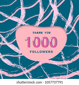 1000 followers thank you card. Cover with papercut shape brush abstract lines. Template for social media. Vector illustration.