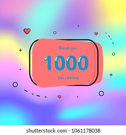 1000 followers thank you card. Celebration 1k subscribers geometric banner. Template for social media. Vector illustration.