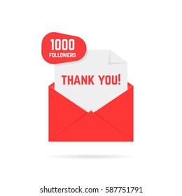 1000 followers thank you card. concept of dispatch, abstract ui, open envelope with paper, web information, sub, button. flat style trend modern logotype graphic design element on white background