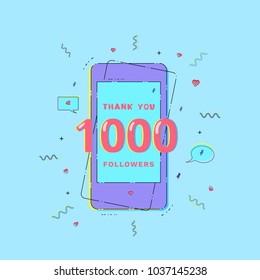 1000 Followers thank you phrase with random items. Template for social media post. Glitch chromatic aberration style. 1K subscribers banner. Vector illustration.