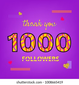 1000 Followers thank you post on violet background with random items. Memphis trendy effect of typography. Banner of 1K subscribers for blog. Template for social media post. Vector illustration.