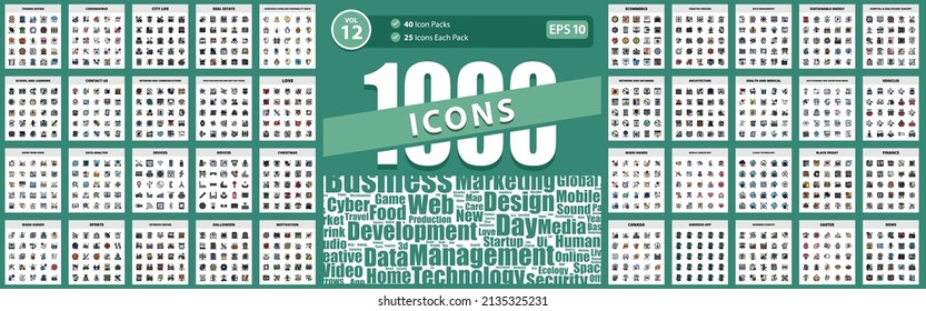 1000 Icon Pack red y comunicaciones, escuela y aprendizaje, economía de datos y medios publicitarios, características de vida y personalidad conscientes, vida de ciudad Vector Icono de negocios Ilustración Ilustración