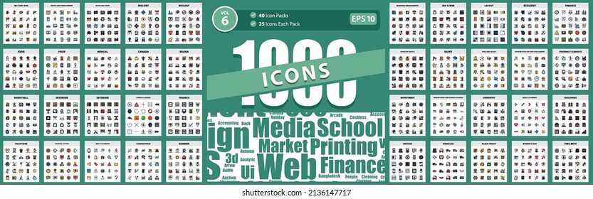 1000 Icon Pack rainy, finance, food, symbols  arrows, basketball Vector Business Icon Illustration Illustration
