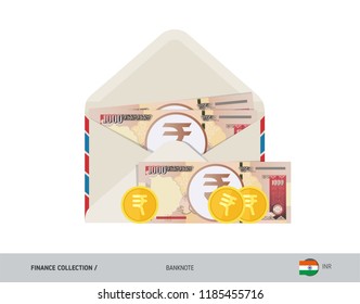 1000 Indian Rupee Banknote. Flat style opened envelope with cash. Indian Rupee banknotes and coins. Salary payout or corruption concept.