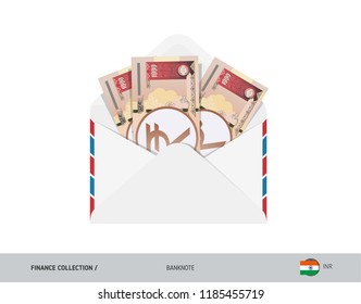 1000 Indian Rupee Banknotes in envelope. Flat style opened white envelope with cash. Salary payout or corruption concept.