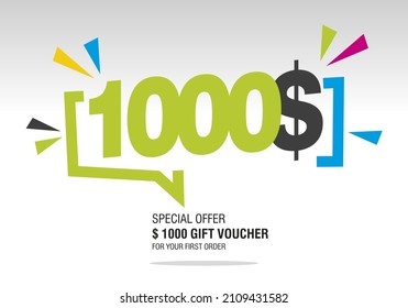 1000$ internet website promotion sale offer big sale and super sale modern colorful coupon code dollar 1000$ discount gift voucher coupon