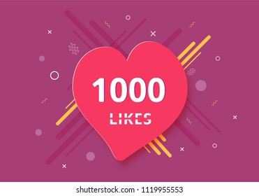 1000 likes  banner with heart shape. Celebration 1k like card for social networks. Template for social media post. Vector illustration.