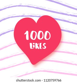 1000 likes  banner with heart shape on lines background. Celebration 1k like card for social networks. Template for social media post. Vector illustration.