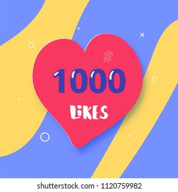 1000 likes  banner with heart shape. Celebration 1k like card for social networks. Template for social media post. Vector illustration.