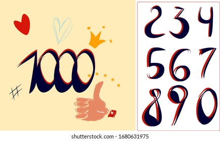 1000 likes  hand draw doodle concept.Set number of Thank you followers design.Thank you followers congratulation card. Vector illustration for Social Networks. Web user or blogger celebrates .Vector