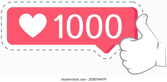 1000 likes thank you card. Template for social media. Vector poster with hand gesture showing Ok sign thumbs up. Pink frame with heart and bubble text. Many followers in online social media networks