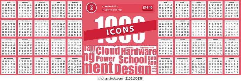 1000 Line Icon Pack E-Commerce, Marketing und Werbung, Tourismus und Freizeit, Projektplanung, Sommer-VektorBusiness-Icon Illustration Illustration