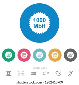 1000 mbit guarantee sticker flat white icons on round color backgrounds. 6 bonus icons included.