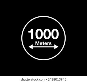 Icono de distancia de 1000 metros. Medición vectorial en metros, círculo blanco aislado sobre fondo negro