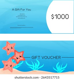 $1,000 nautical gift certificate with three emotional cute starfish in a simple vector style