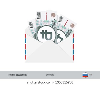 1000 Russian Ruble Banknotes in envelope. Flat style opened white envelope with cash. Salary payout or corruption concept.