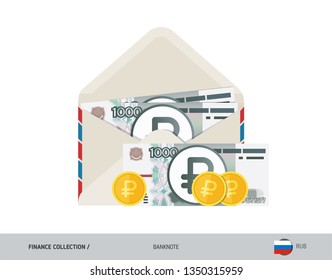 1000 Russian Ruble Banknotes. Flat style opened envelope with cash. Russian Ruble banknotes and coins. Salary payout or corruption concept.
