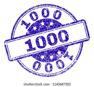1000 stamp seal imprint with grunge texture. Designed with rounded rectangles and circles. Blue vector rubber print of 1000 text with grunge texture.