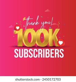 1000 Subscribers. Thank you for 1000 subscribers on social media. 1k followers thank you, celebration banner with heart icons, confetti on colourful background. One Thousand Celebration svg