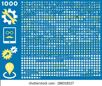 1000 tools, gears, smiles, map markers, mobile icons. Vector set style: bicolor flat images, yellow and white symbols, isolated on a blue background.