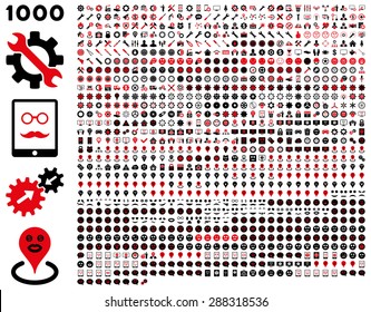 1000 tools, gears, smiles, map markers, mobile icons. Vector set style: bicolor flat images, intensive red and black symbols, isolated on a white background.
