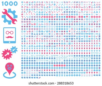1000 tools, gears, smiles, map markers, mobile icons. Vector set style: bicolor flat images, pink and blue symbols, isolated on a white background.