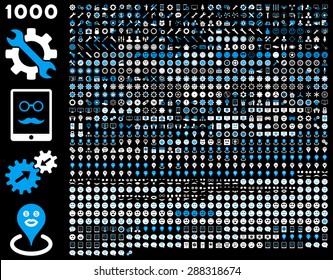 1000 tools, gears, smiles, map markers, mobile icons. Vector set style: bicolor flat images, blue and white symbols, isolated on a black background.