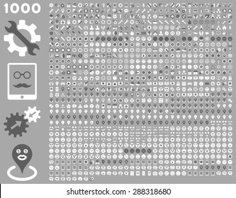 1000 tools, gears, smiles, map markers, mobile icons. Vector set style: bicolor flat images, dark gray and white symbols, isolated on a silver background.