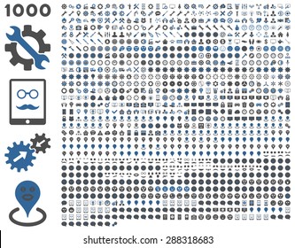 1000 tools, gears, smiles, map markers, mobile icons. Vector set style: bicolor flat images, cobalt and gray symbols, isolated on a white background.