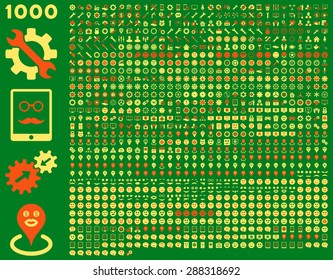 1000 tools, gears, smiles, map markers, mobile icons. Vector set style: bicolor flat images, orange and yellow symbols, isolated on a green background.