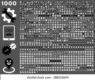 1000 tools, gears, smiles, map markers, mobile icons. Vector set style: bicolor flat images, black and white symbols, isolated on a gray background.
