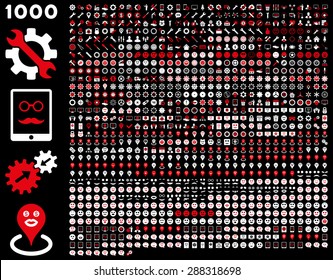 1000 tools, gears, smiles, map markers, mobile icons. Vector set style: bicolor flat images, red and white symbols, isolated on a black background.