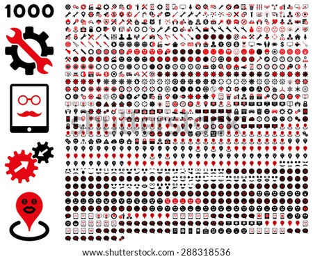 1000 tools, gears, smiles, map markers, mobile icons. Vector set style: bicolor flat images, intensive red and black symbols, isolated on a white background.
