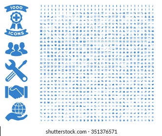 1000 vector icons for man poses, bank service, time management, health care, software toolbars. Style is flat symbols, cobalt color, rounded angles, white background.