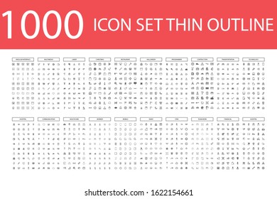 1000 Vector illustration of thin line icons for business, social media, finance ,technology,Christmas,Halloween , labor ,restaurant, medicine, travel, weather, construction, arrow. Linear symbols set