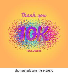 10000 followers card. Thank you 10K followers banner with frame on bright  background. Simple vector illustration.