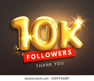 10000 followers celebration banner. Thank you 10k follower peoples. Glossy golden 3d numbers in realistic style on black background. Design for channel, group in social network. Vector illustration