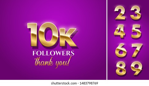10000 followers celebration vector banner with text and numbers set. Social media achievement poster. 10k followers thank you lettering on purple background.