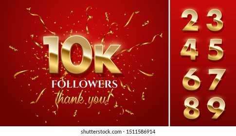 10000 followers celebration vector banner with text and numbers set. Social media achievement poster. 10k followers thank you lettering. Golden sparkling confetti ribbons.