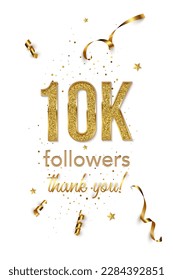 10000 followers celebration vertical vector banner. Social media achievement poster. 10k followers thank you lettering. Golden sparkling confetti ribbons. Shiny gratitude text on white backdrop.