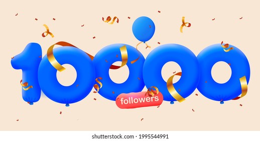 10000 followers thank you 3d blue balloons and colorful confetti. Vector illustration 3d numbers for social media 10K followers, Thanks followers, blogger celebrates subscribers, likes