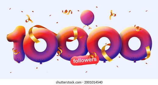 10000 seguidores te agradecen los globos azules 3d y los confetti coloridos. Ilustración vectorial 3d números para los medios sociales 10K seguidores, Gracias seguidores, blogger celebra suscriptores, me gusta