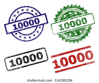 10000 seal prints with corroded texture. Black, green,red,blue vector rubber prints of 10000 text with unclean texture. Rubber seals with round, rectangle, medal shapes.