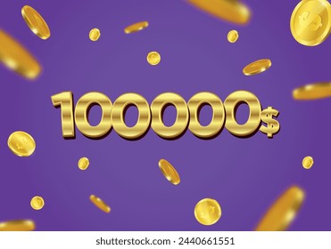 100000 Dollar gift or offer poster with flying gold coins. One hundred thousand or One lakh Dollars coupon voucher, cash back banner special offer, casino winner. Vector illustration.