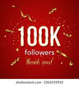 100000 followers celebration square vector banner. Social media achievement poster. 100k followers thank you lettering. Golden sparkling confetti ribbons. Shiny gratitude text on red backdrop.