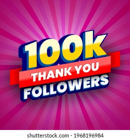 100000 followers colorful banner. Poster with thanks to subscribers on social networks.  Vector illustration.