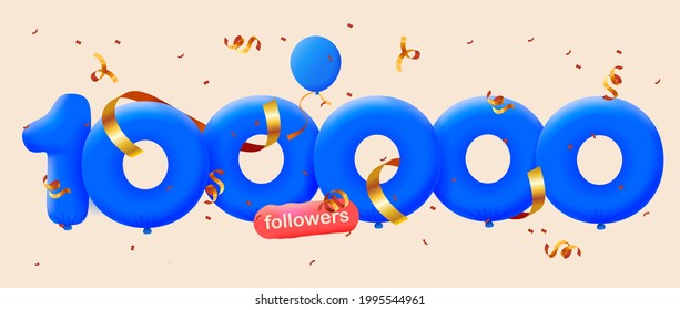 100000 followers thank you 3d blue balloons and colorful confetti. Vector illustration 3d numbers for social media 100K followers, Thanks followers, blogger celebrates subscribers, likes